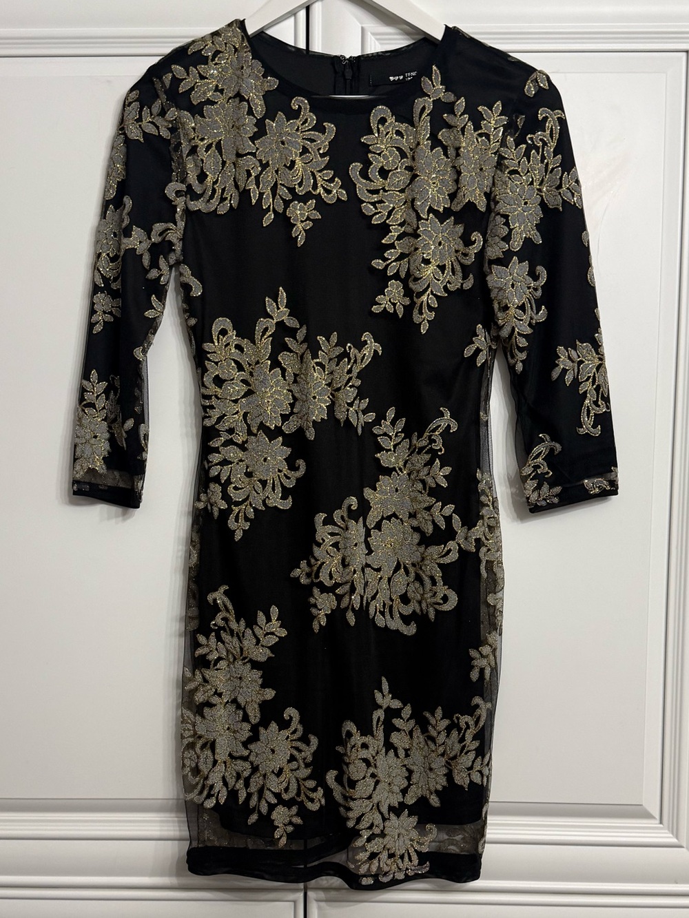 TFNC London Black Gold Floral Mesh Overlay Bodycon Mini Dress 3/4 Sleeves Size S
